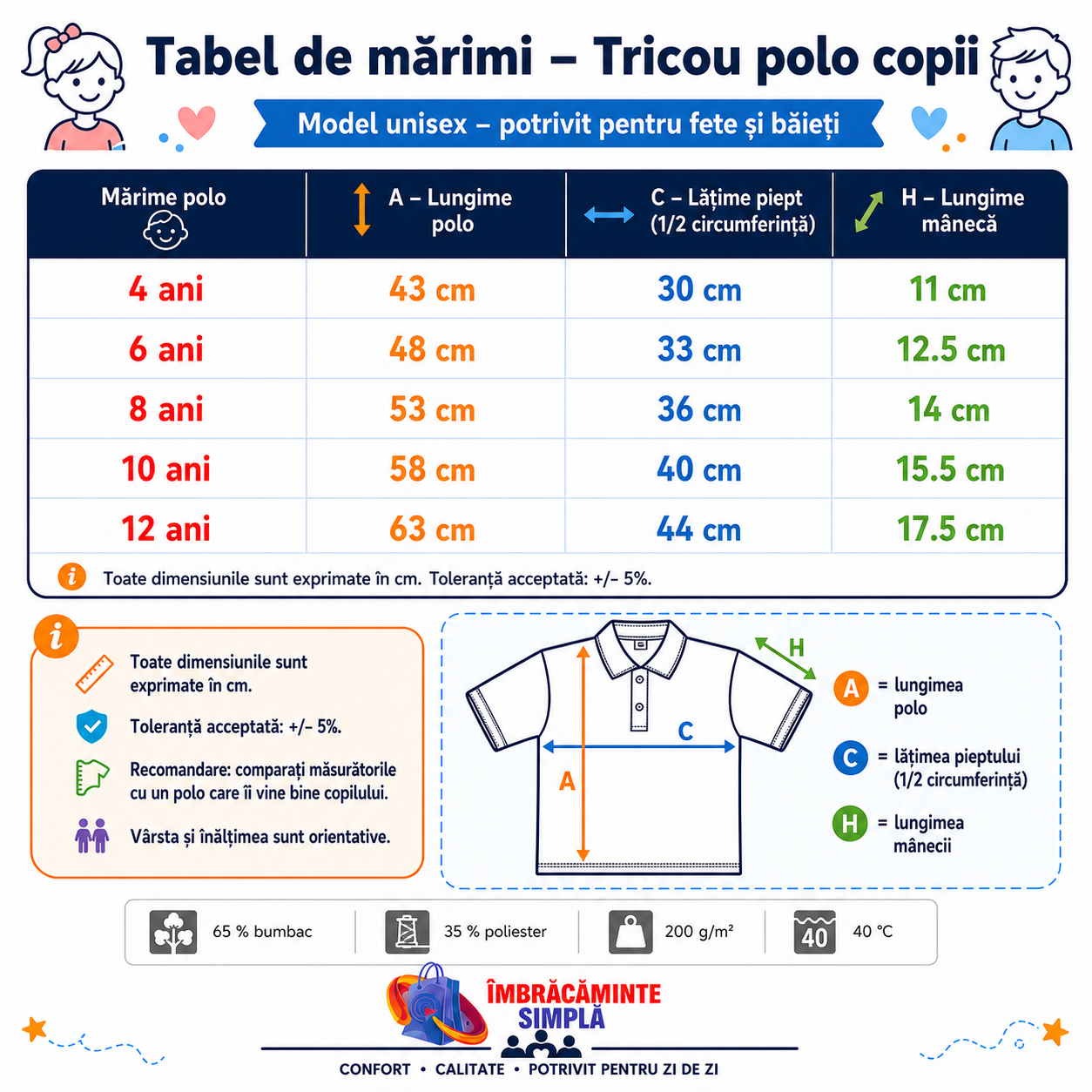 Tabel de mărimi tricou polo copii fete și băieți 4, 6, 8, 10 și 12 ani